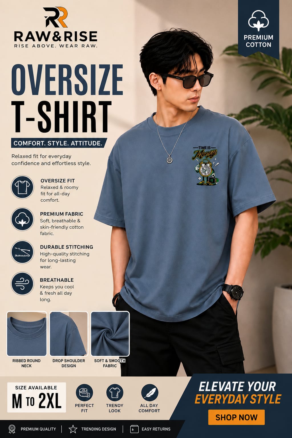 𝐑𝐀𝐖 & 𝐑𝐈𝐒𝐄 Oversized Round Neck T-Shirt