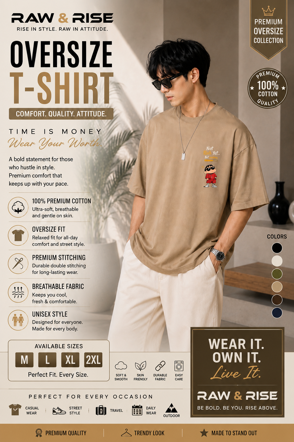 RAW & RISE Premium Oversized T-Shirt for Men  | Relaxed Fit | Half Sleeve | Round Neck | Casual & Streetwear |